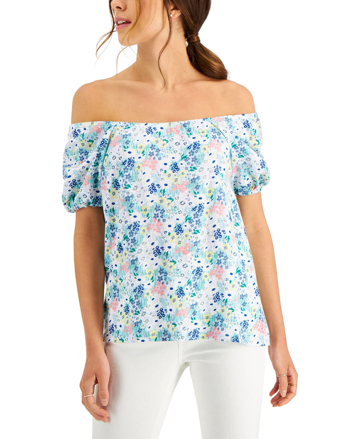 Style & Co Petite Wildflower Meadow Cotton Puff Sleeve Top