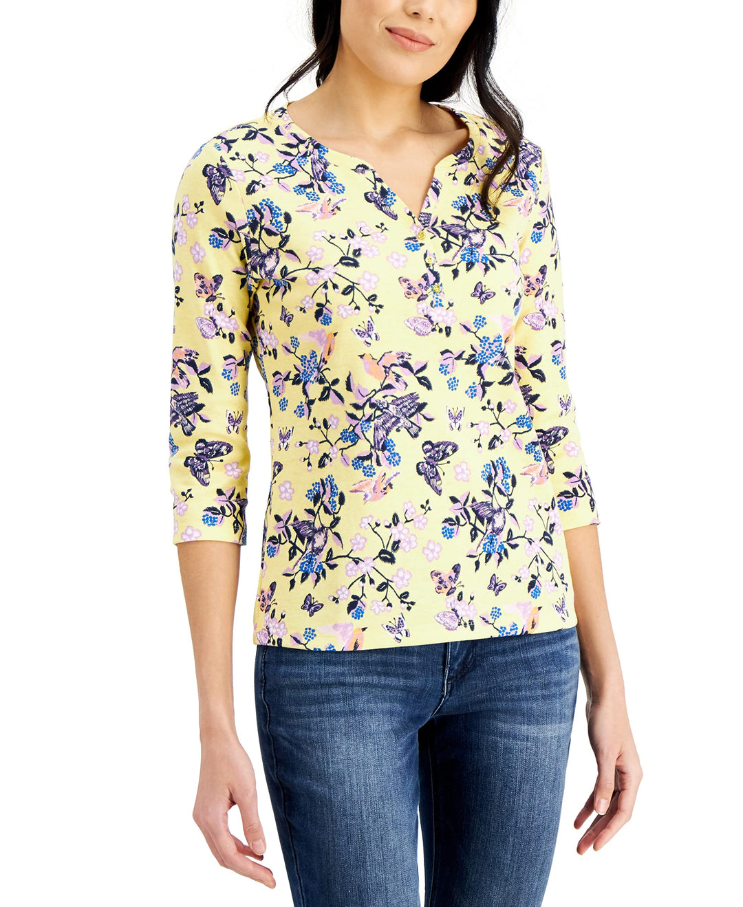 Karen Scott Petite Printed 3/4 Sleeve Henley Top