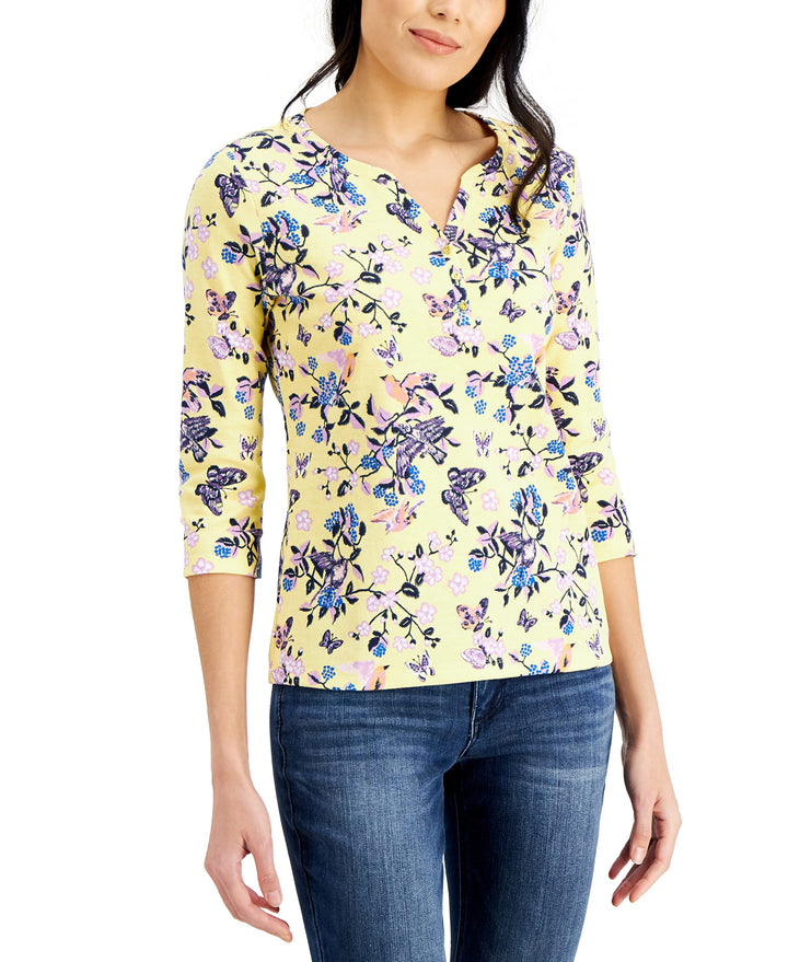 Karen Scott Petite Printed 3/4 Sleeve Henley Top