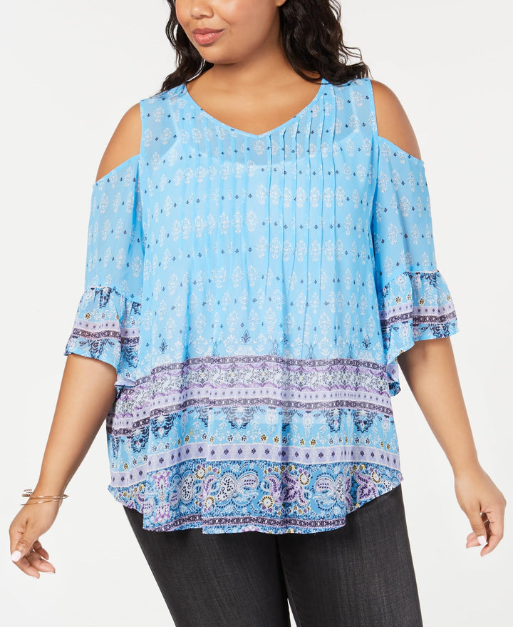 Style & Co Plus Size Border Print Cold Shoulder Top