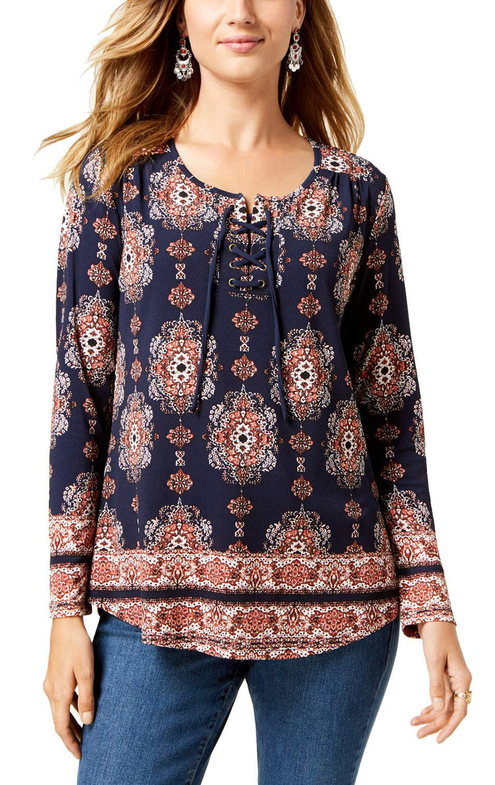 Style & Co Printed Lace Up Top