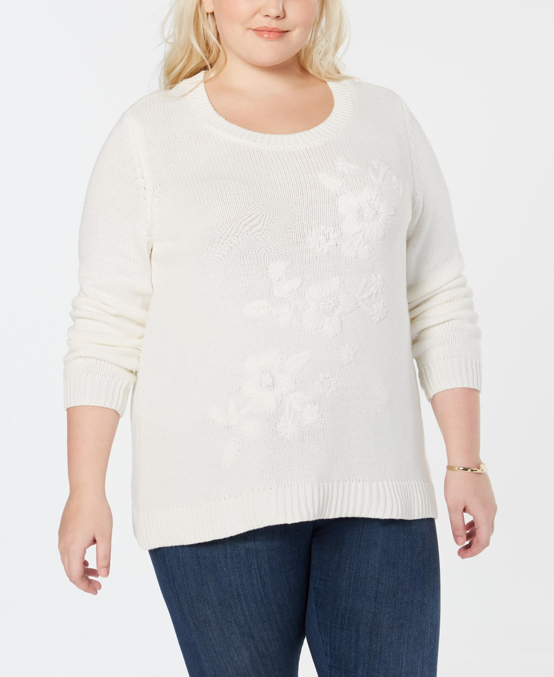 Style & Co Plus Size Tonal Flower Embroidered Sweater