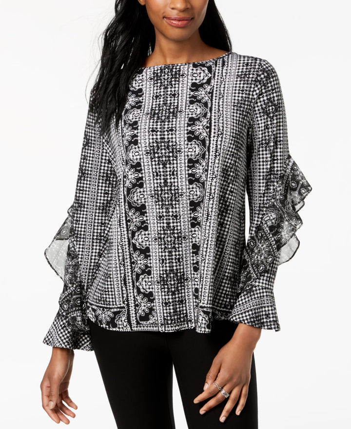 Style & Co Ruffled Printed Boat Neck Top