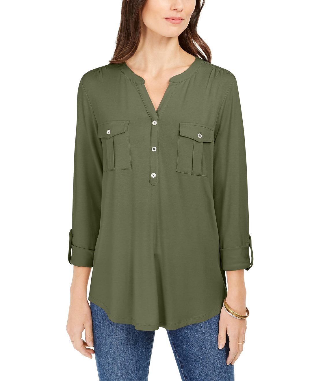 Style & Co Plus Size Roll Tab Buttoned Neck Top