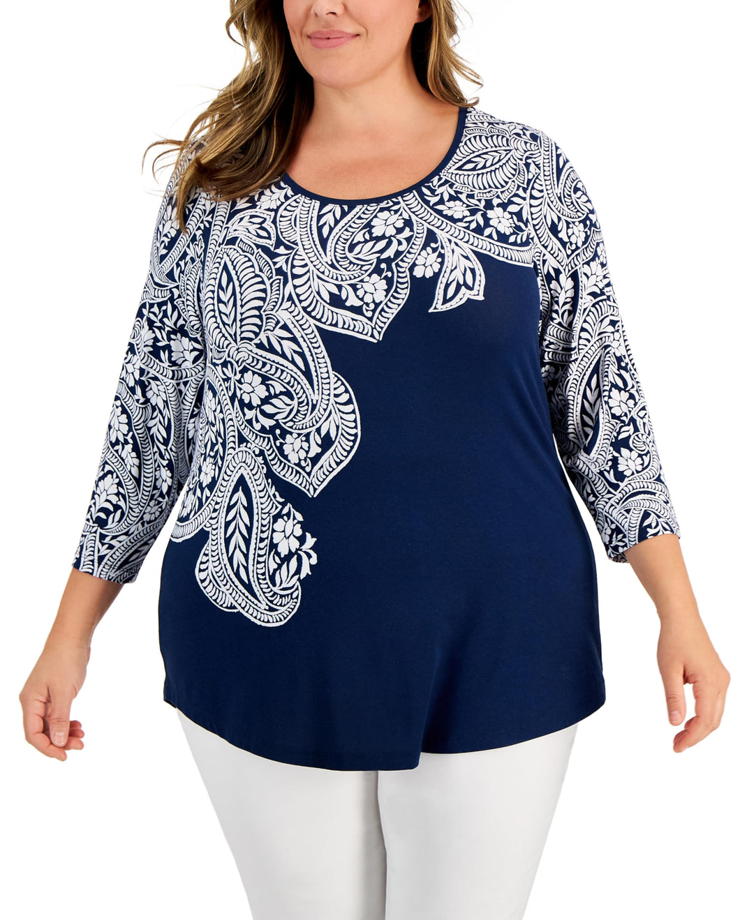 JM Collection Plus Size Lucia Paisley 3/4 Sleeve Top