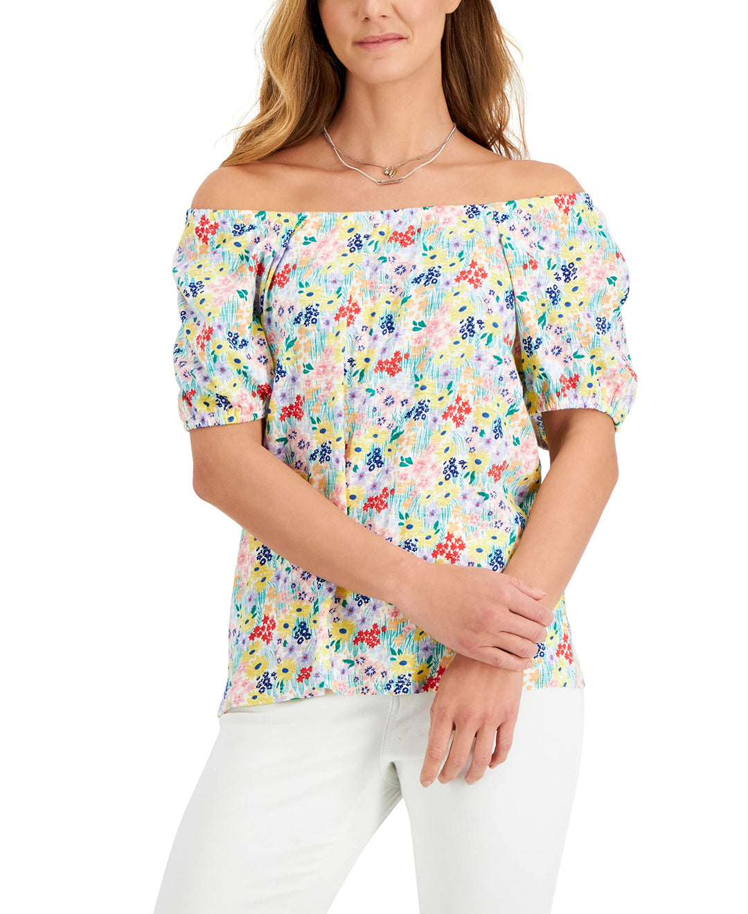 Style & Co Petite Wildflower Meadow Cotton Puff Sleeve Top