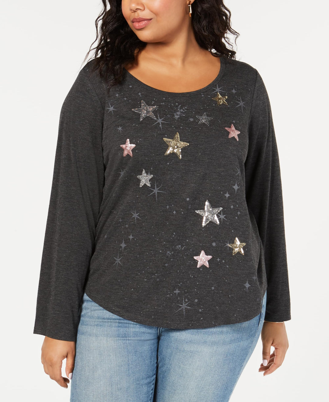 Style & Co Plus Size Sequined Graphic Print Top
