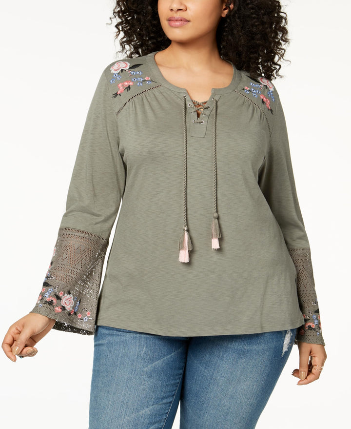 Style & Co Plus Size Embroidered Lantern Sleeve Peasant Top