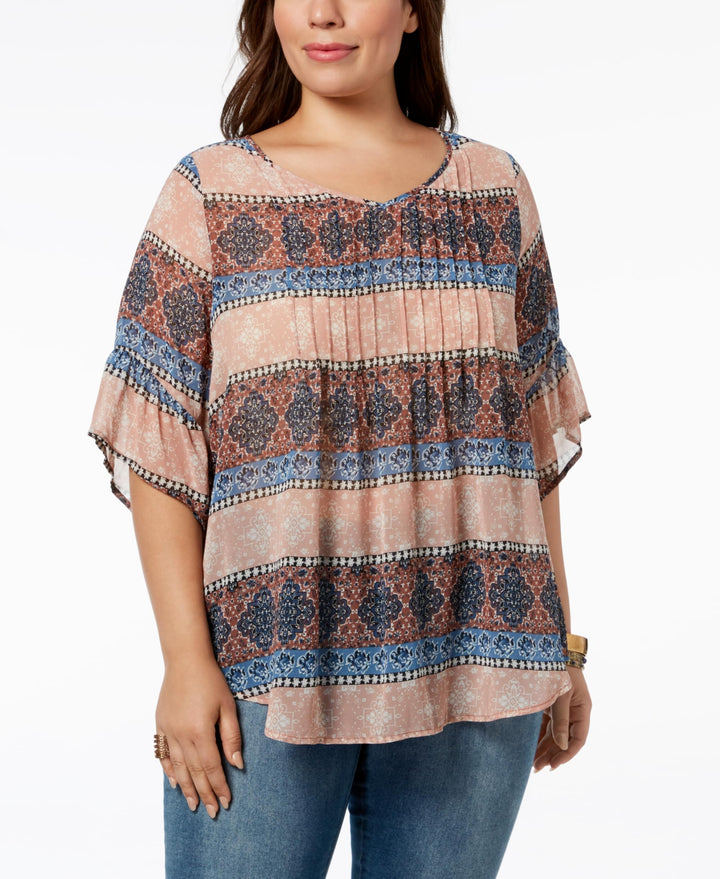 Style & Co Plus Size Medallion Print Pintucked Top