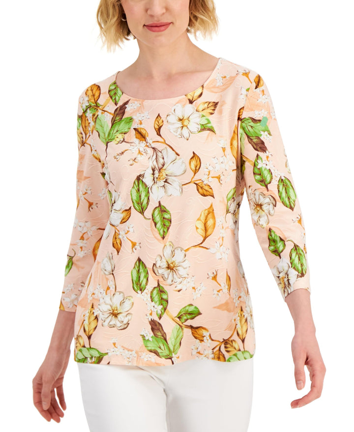 JM Collection Womens Jardin Tropical Jacquard 3/4 Sleeve Top