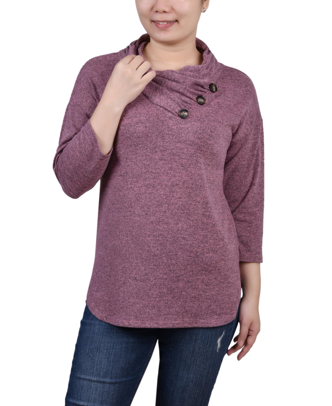 NY Collection Petite 3/4 Sleeve Crossover Cowl Neck Top