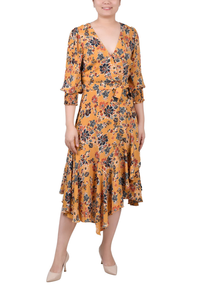 Petite 3/4 Sleeve Belted Chiffon Handkerchief Hem Dress