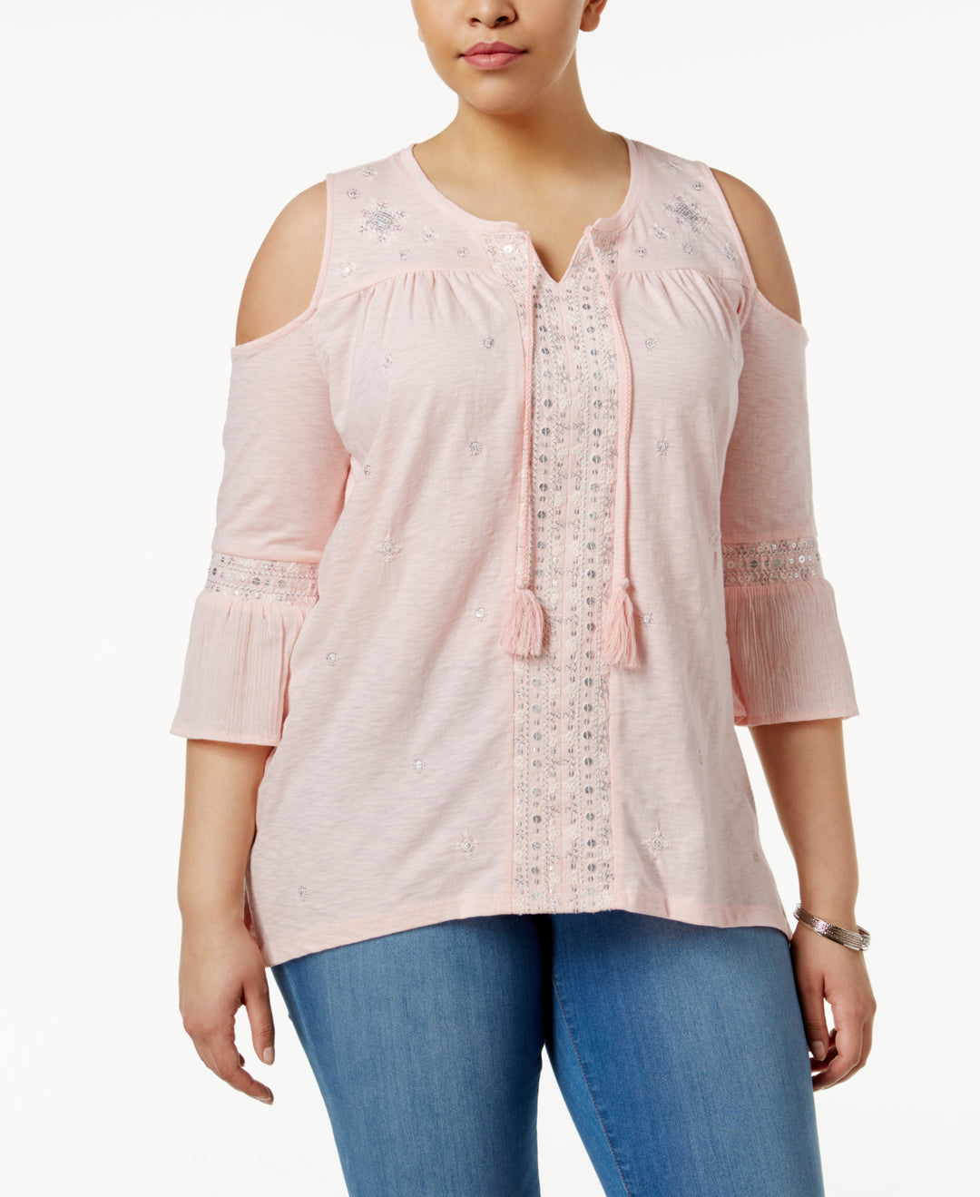 Plus Size Embellished Cold-Shoulder Peasant Top
