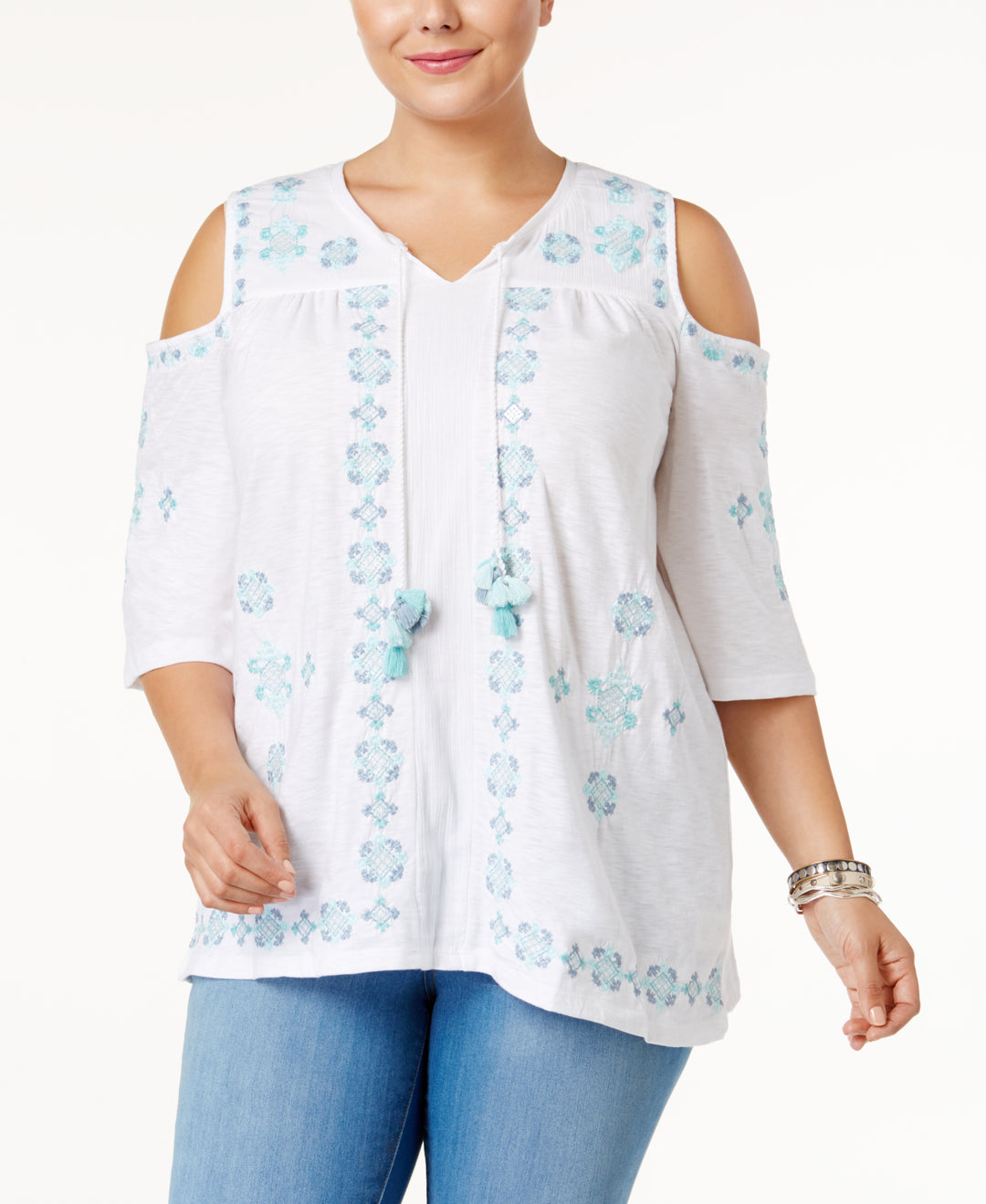 Style & Co Plus Size Embroidered Cold-Shoulder Peasant Top