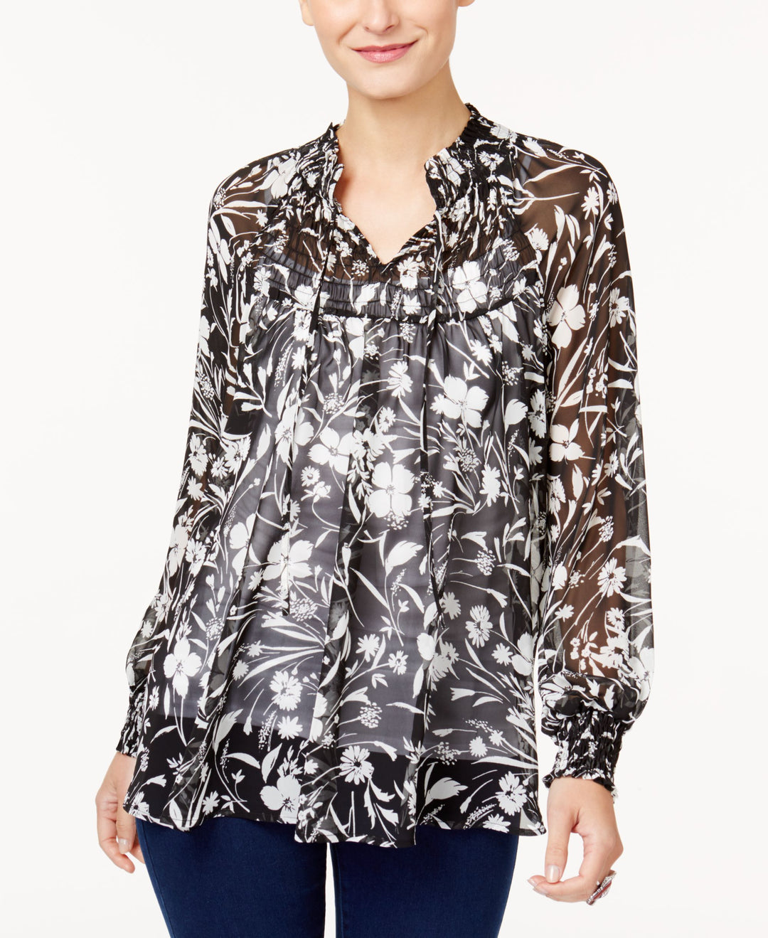 Style & Co Sante Fe Sheer Smocked Top