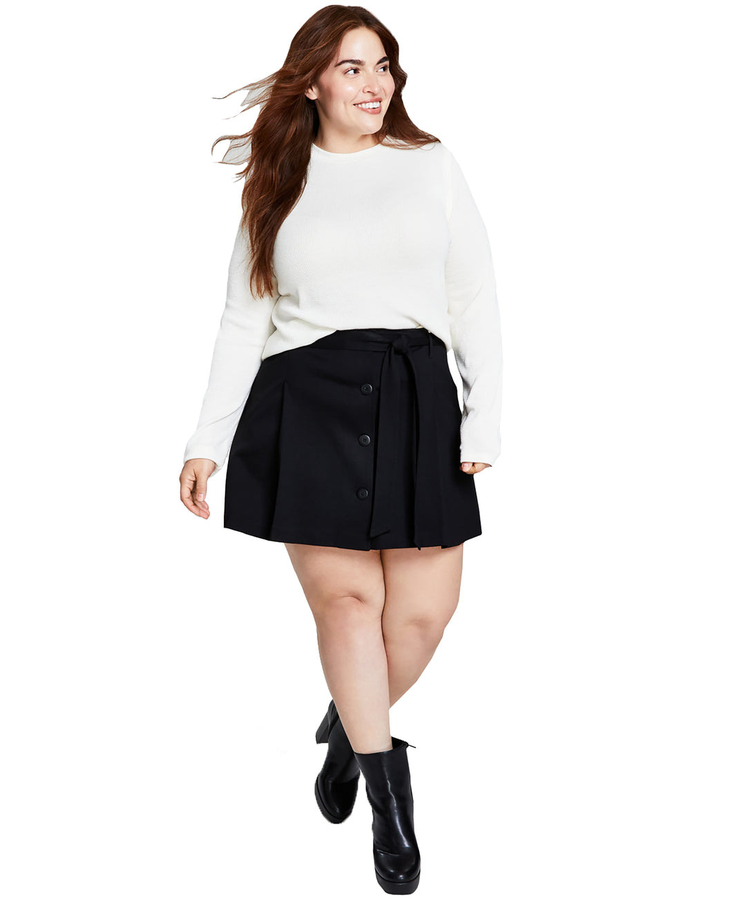 Trendy Plus Size Belted Button-Front Skirt Black 2X