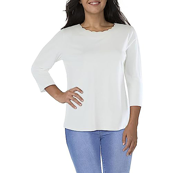 Anne Klein Womens Plus 3/4 Sleeve Scalloped Pullover Top