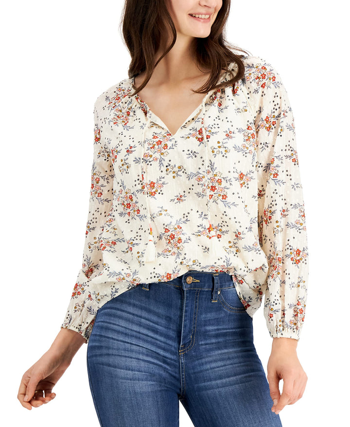 Style & Co Printed Embroidered Peasant Top