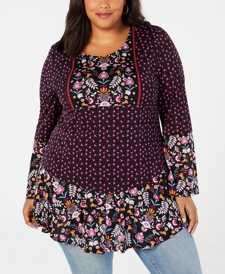 Style & Co Plus Size Mixed Print Cross Back Flounce Hem Top