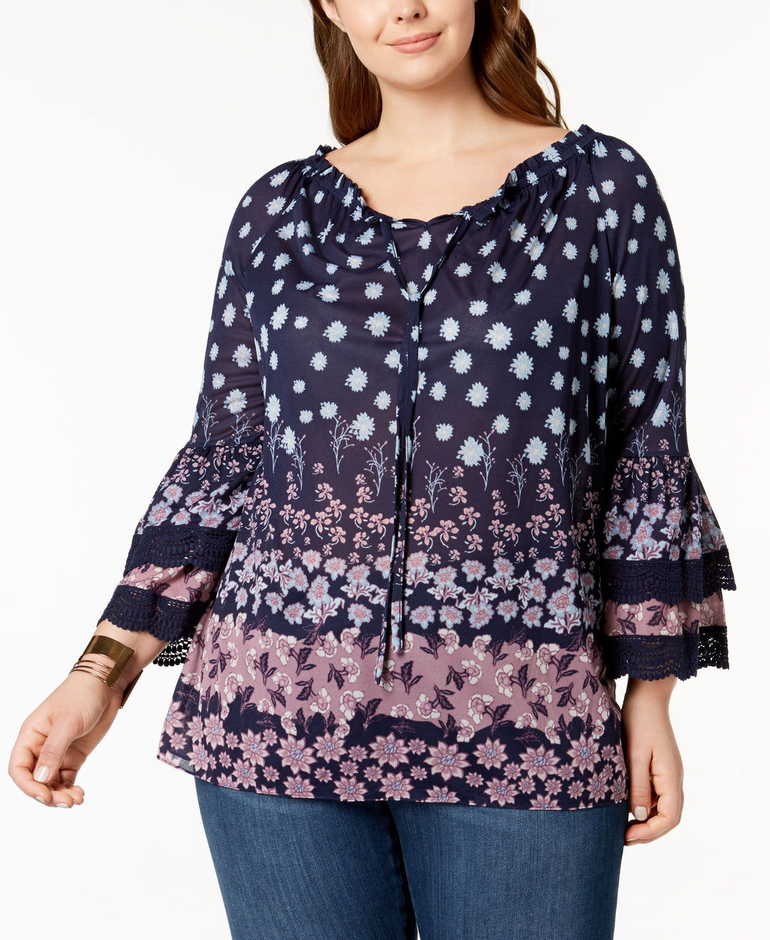 Style & Co Plus Size Mixed Print Ruffled Sleeve Swing Off The Shoulder Top
