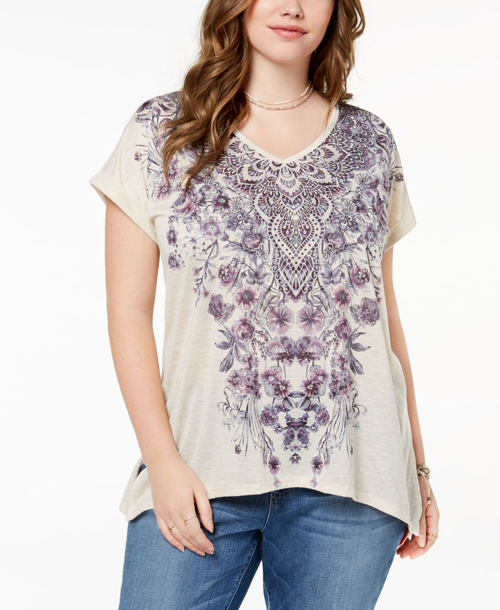 Style & Co Plus Size Printed Asymmetrical Hem T-Shirt