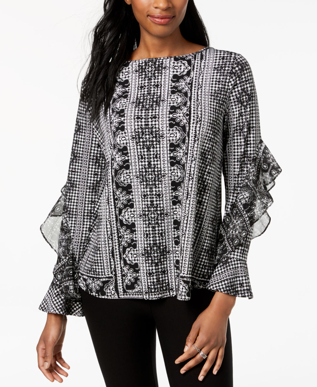 Style & Co Ruffled Printed Boat Neck Top