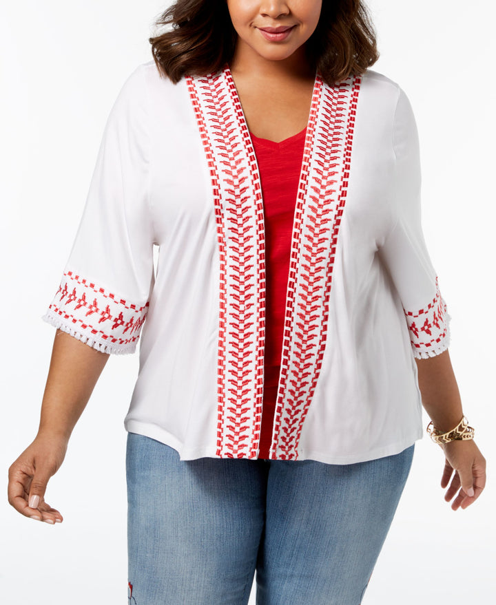Style & Co Plus Size Embroidered Fringed Kimono