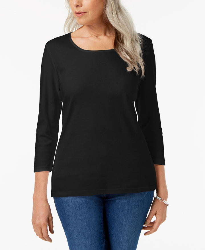 Petite 3/4 Sleeve Cotton Scoop-Neck Top
