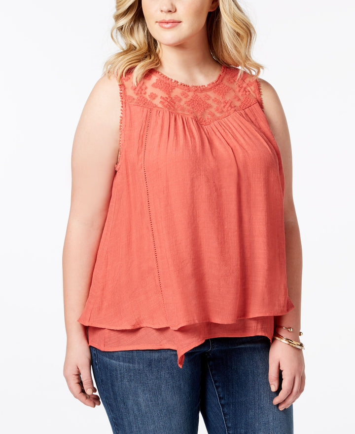 Style & Co Plus Size Lace Yoke Crochet Trim Tiered Top