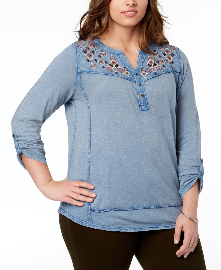 Style & Co Plus Size Cotton Embroidered Split Neck Top