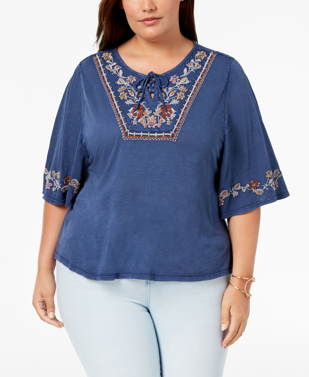 Style & Co Plus Size Lace Up Embroidered Elbow Sleeve Peasant Top