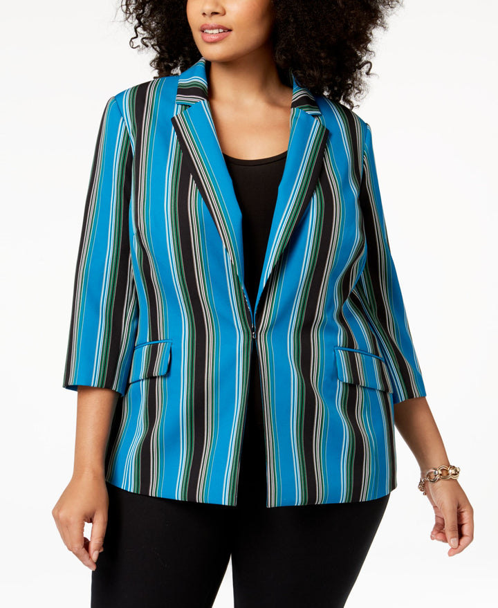 Plus Size Striped 3/4 Sleeve Blazer