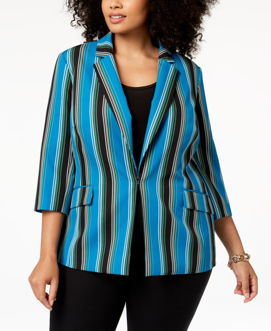 Plus Size Striped 3/4 Sleeve Blazer