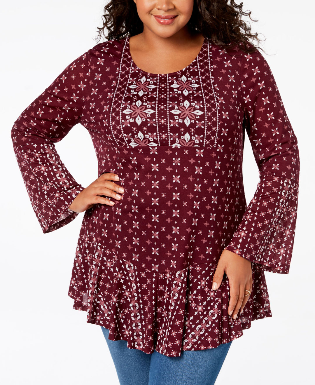 Style & Co Plus Size Mixed Print Flounce Hem Top