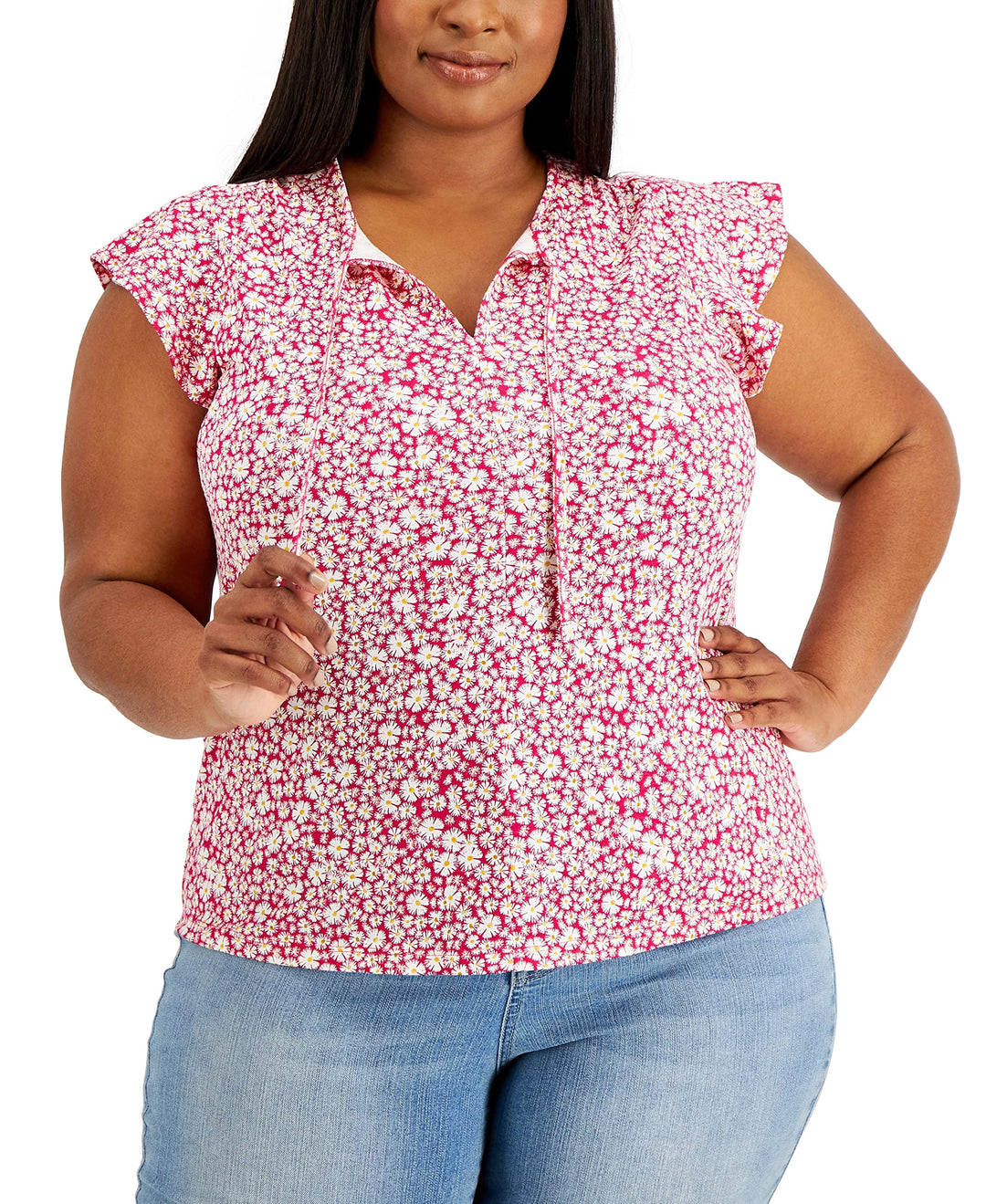 Style & Co Plus Size Floral Print Flutter Sleeve Tie Neck Top