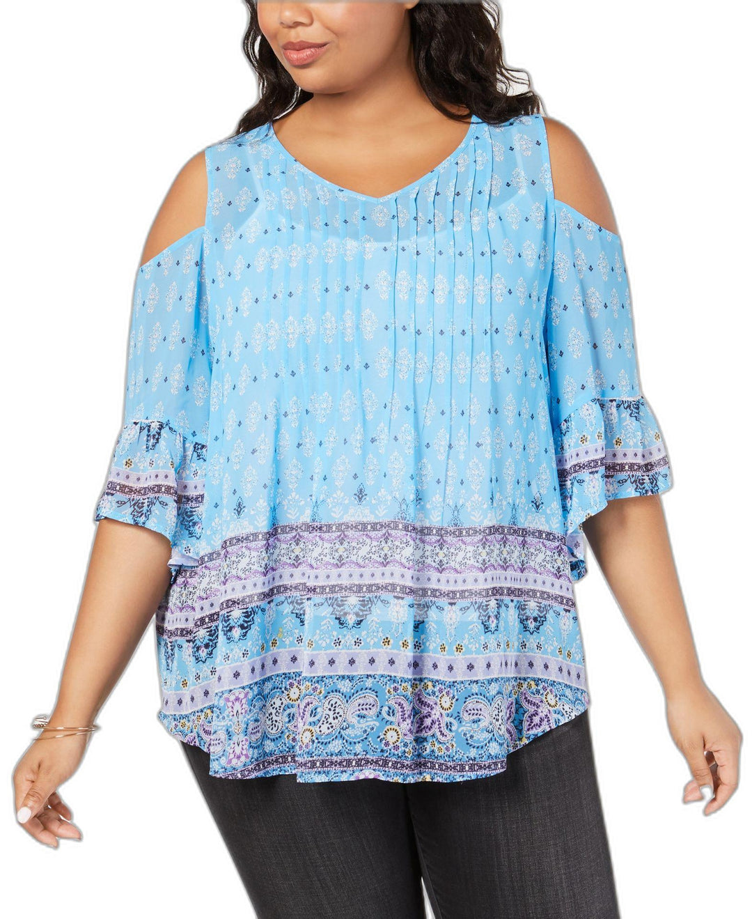 Style & Co Plus Size Border Print Cold Shoulder Top
