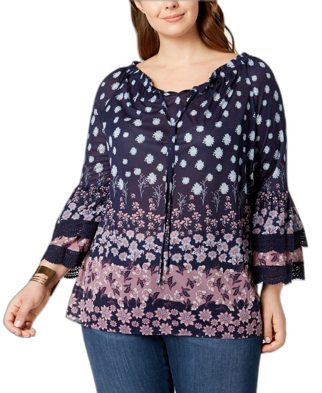 Style & Co Plus Size Mixed Print Ruffled Sleeve Swing Off The Shoulder Top
