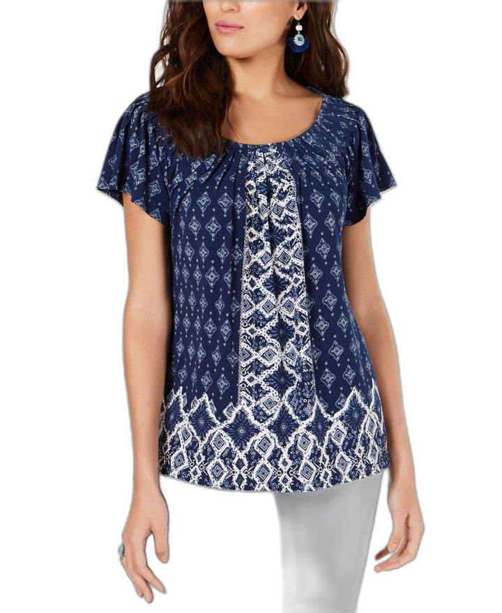 Style & Co Printed Pleated Neck Top