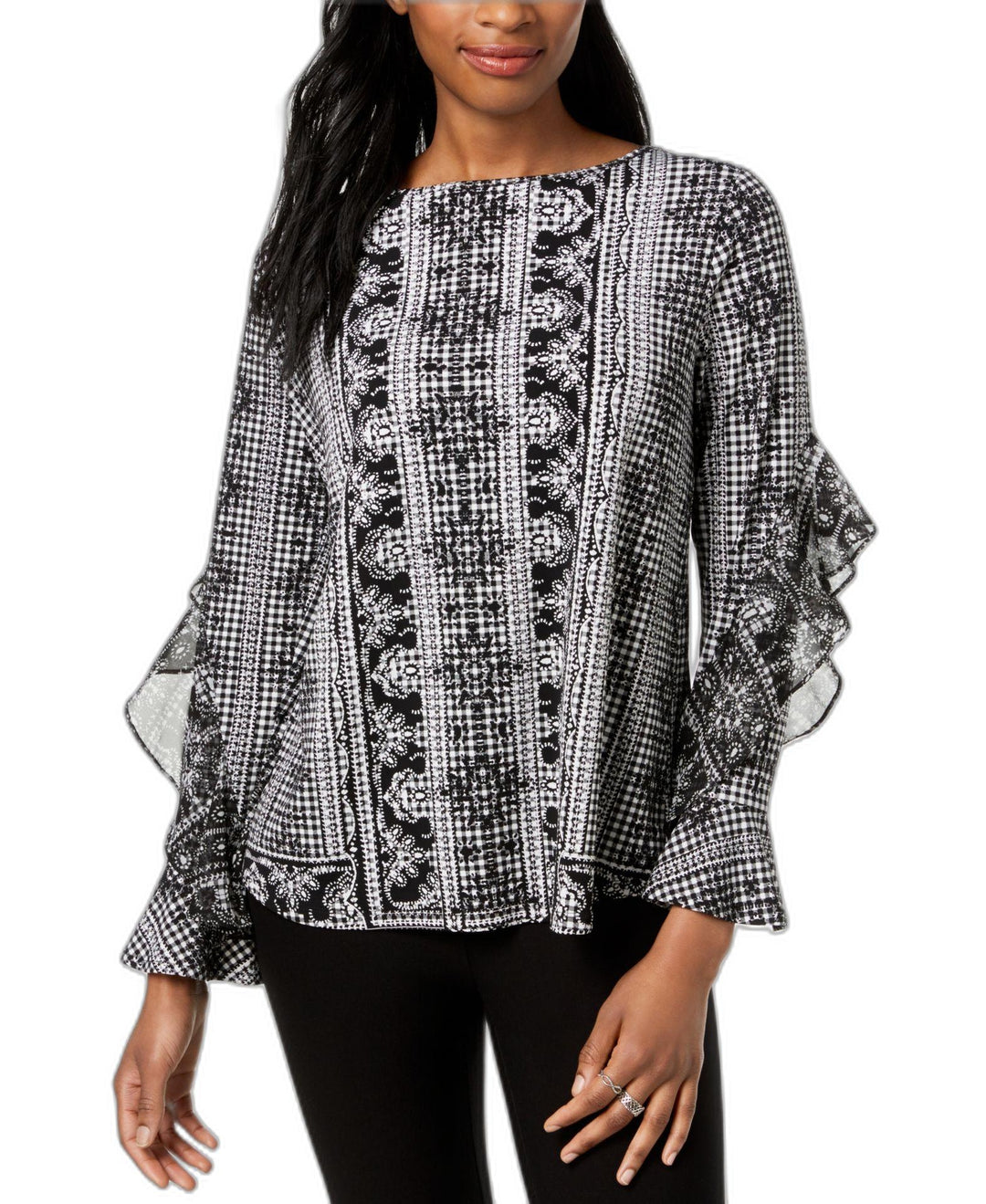 Style & Co Ruffled Printed Boat Neck Top