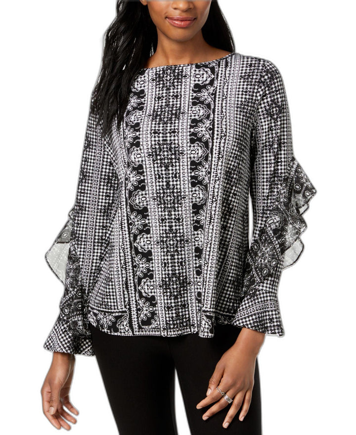 Style & Co Ruffled Printed Boat Neck Top