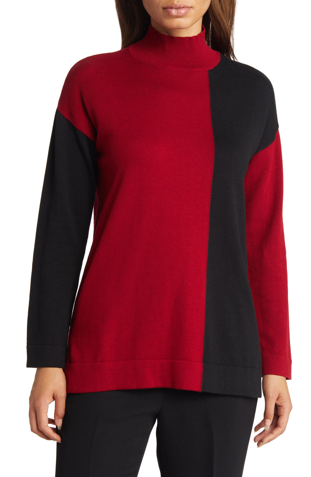 Anne Klein Vertical Colorblock Mock Neck Cotton Blend Sweater