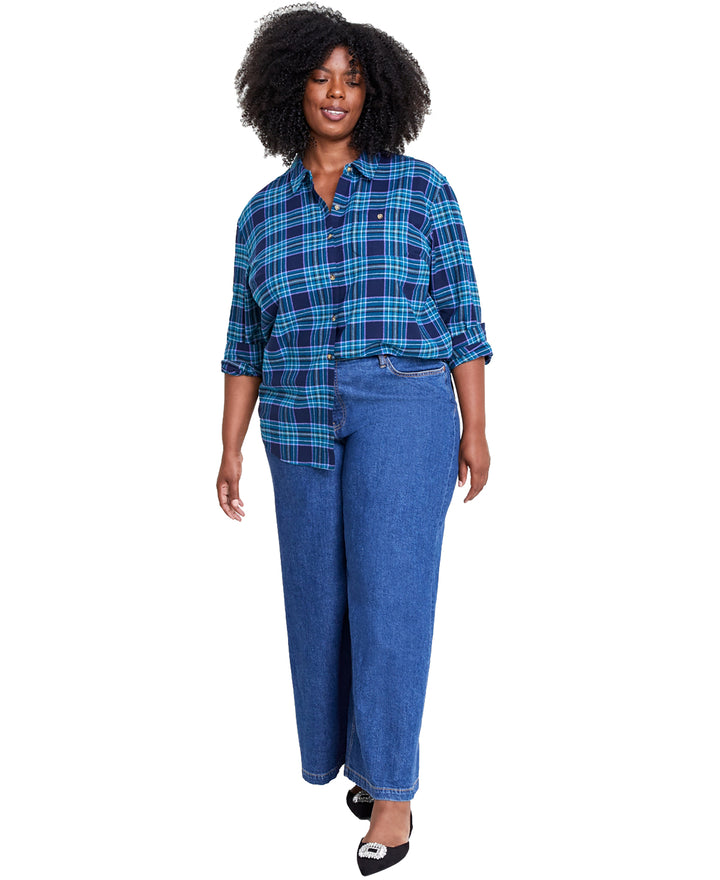 Plus Size Cotton Flannel Plaid Tunic Shirt