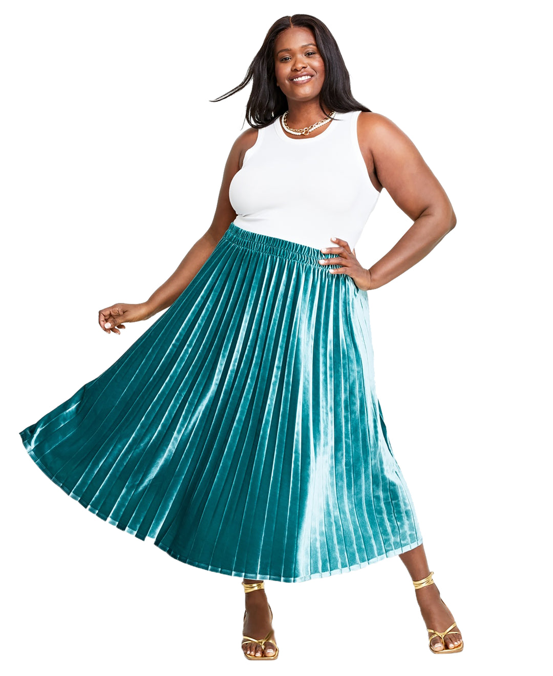 Plus Size Velvet Pleated Midi Skirt