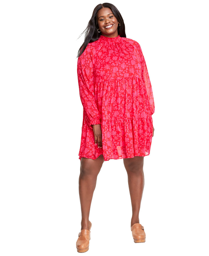 Plus Size Floral-Print High-Neck Tiered Mini Dress