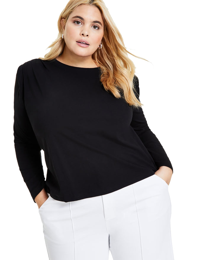 Plus Size Cotton Round-Neck Pleat-Shoulder T-Shirt