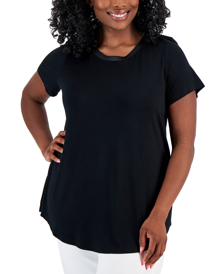 Plus Size Satin Trim Neck Short-Sleeve Top