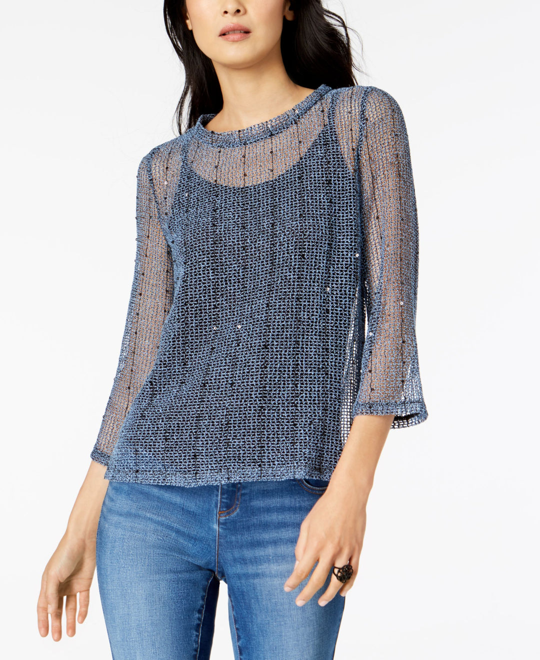 I.N.C. Sequined Open-Knit Illusion Top