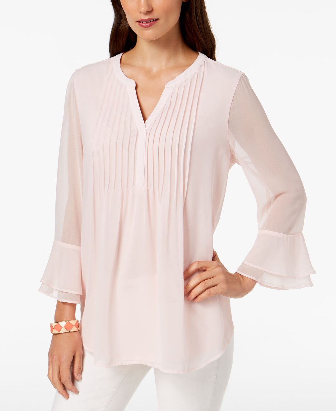 Charter Club Double Ruffle Solid Pintuck Top