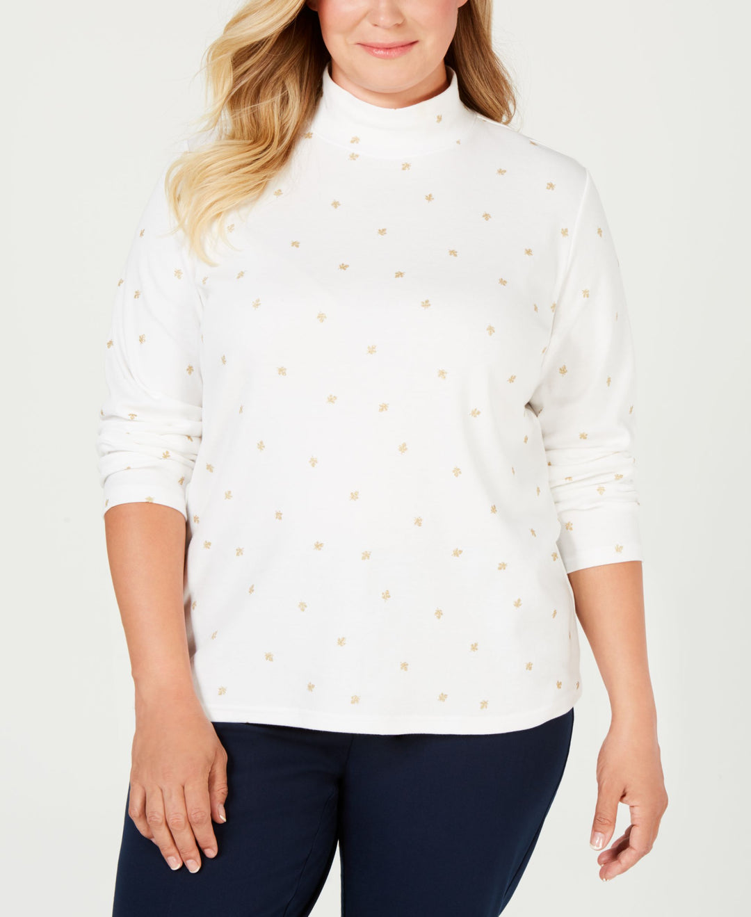 Karen Scott Plus Size Metallic Leaf Print Mock Turtleneck
