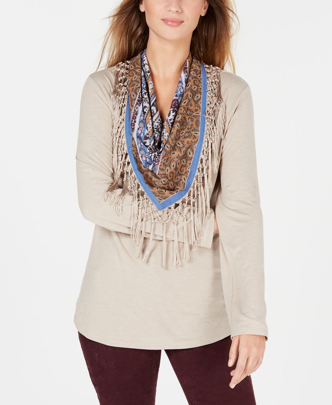 Petite Scarf-Neck Fringed Top